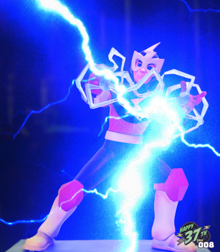 Photo of fan figure depicting Ruby Spear Elecman posing while shooting electricity