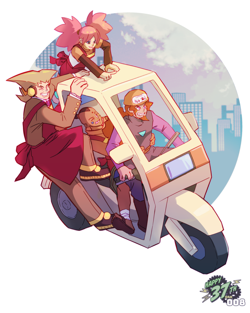 Fanart of Maha Ichiban crew from Rockman Megaman Battle Network anime riding their delivery cart