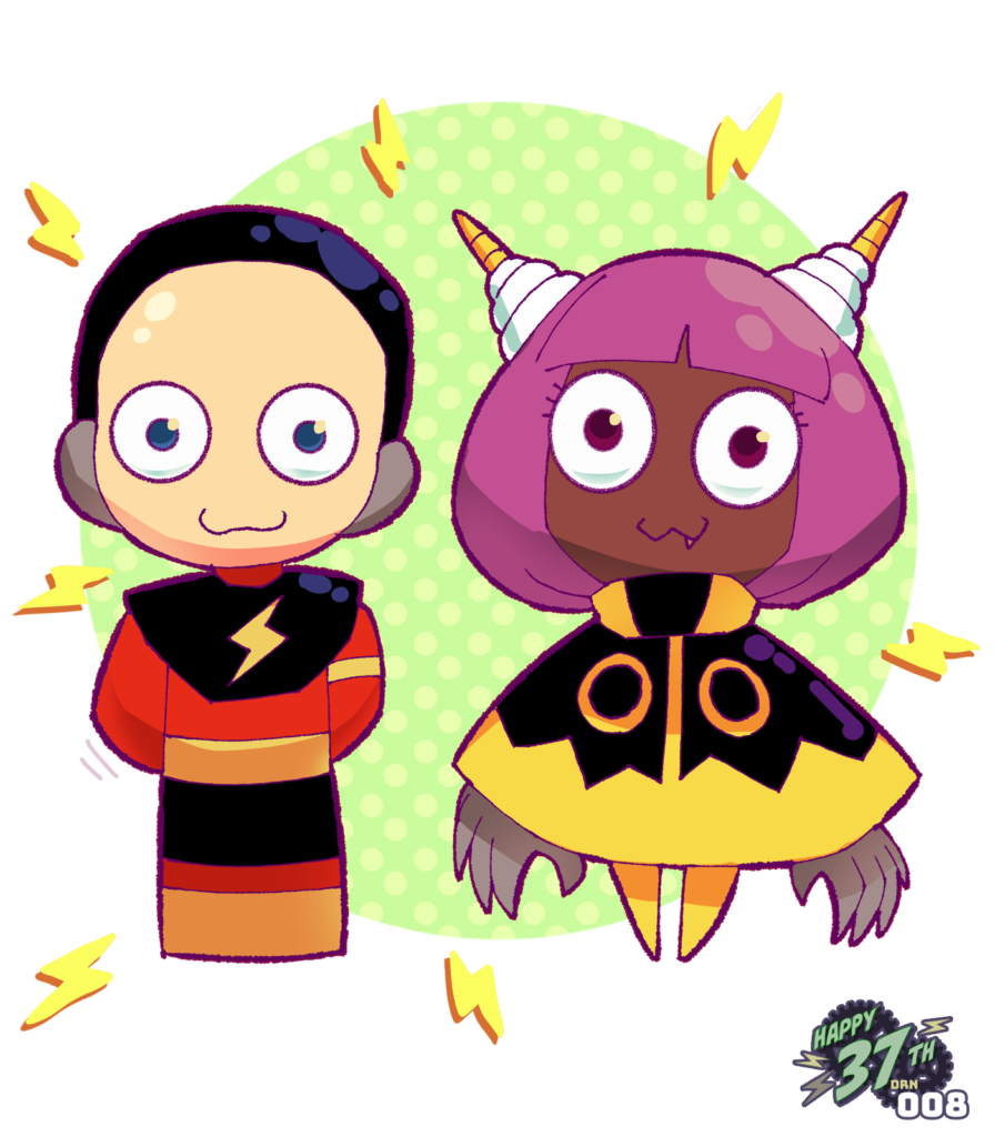 Fanart depicting maskless Elecman and Dynatron standing next to each other staring into space