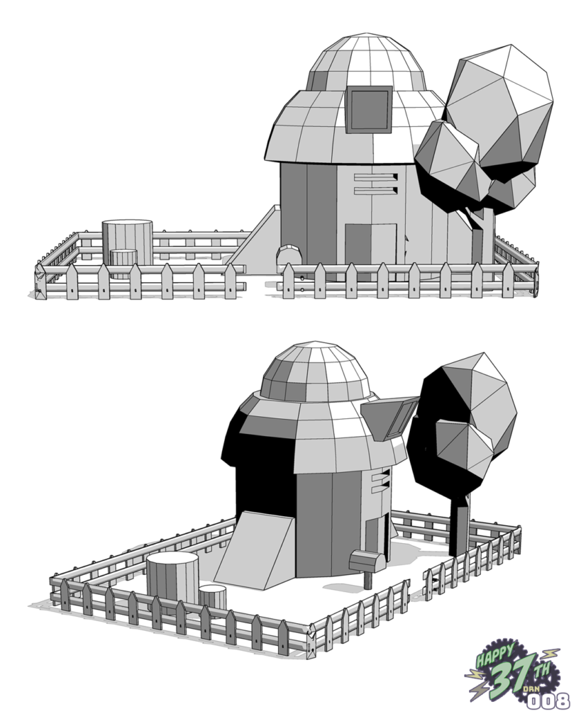 Lineart render of my 3d model depicting the lab of Dr Light