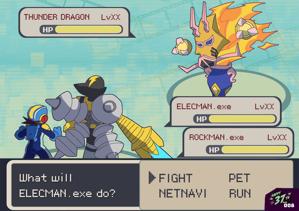 Elecman and Megaman fighting the Thunder Dragon from Beast Plus - Pokemon Style