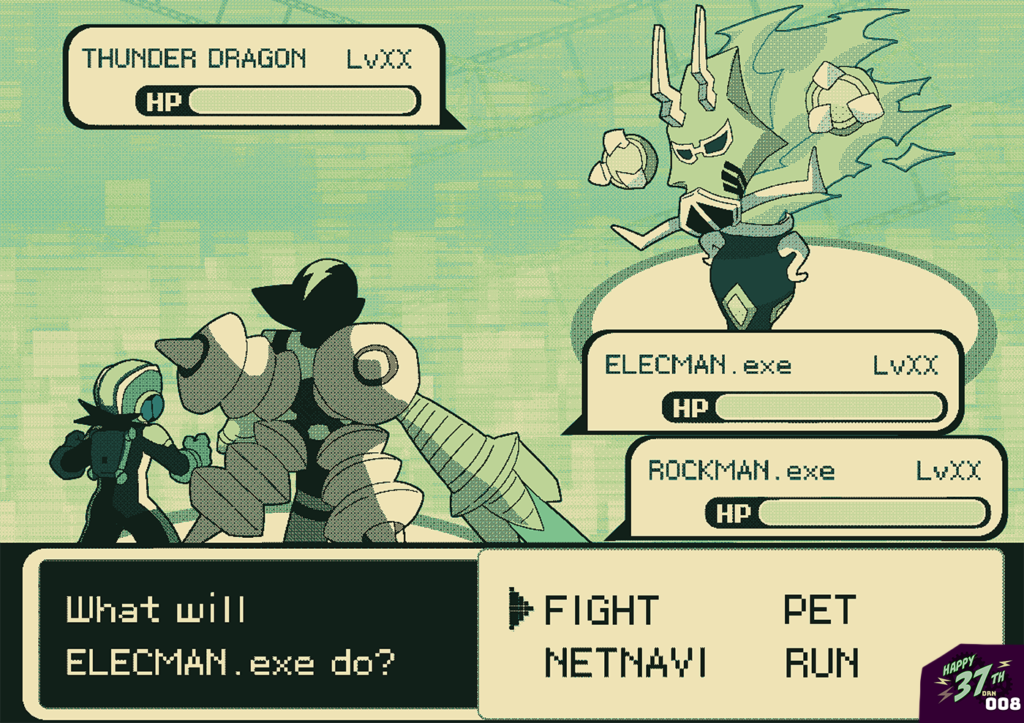 Elecman and Megaman fighting the Thunder Dragon from Beast Plus - Pokemon GB Style