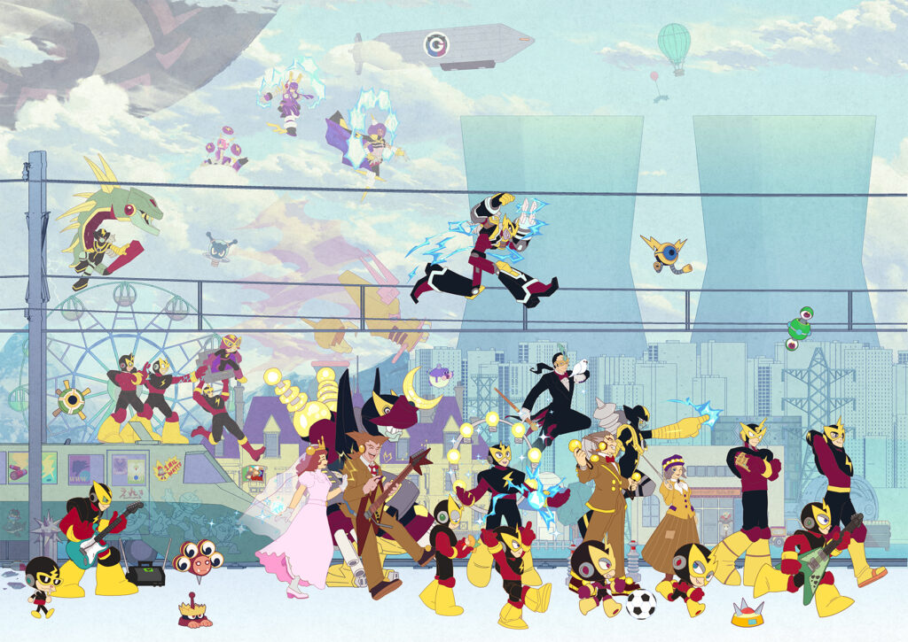 Large collage depicting many characters from the Elecman universe. Contest entry for RockMiyabi Summer contest